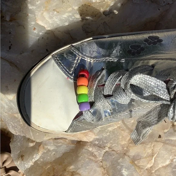 Steve Madden Metallic Silver Sneakers with Floral Design - Picture 2 of 12